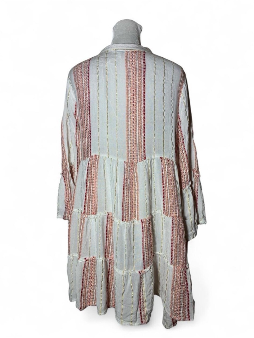 Turks & Caicos Boho Tiered White Coral Stripe Mini Dress size Large - Picture 3 of 7